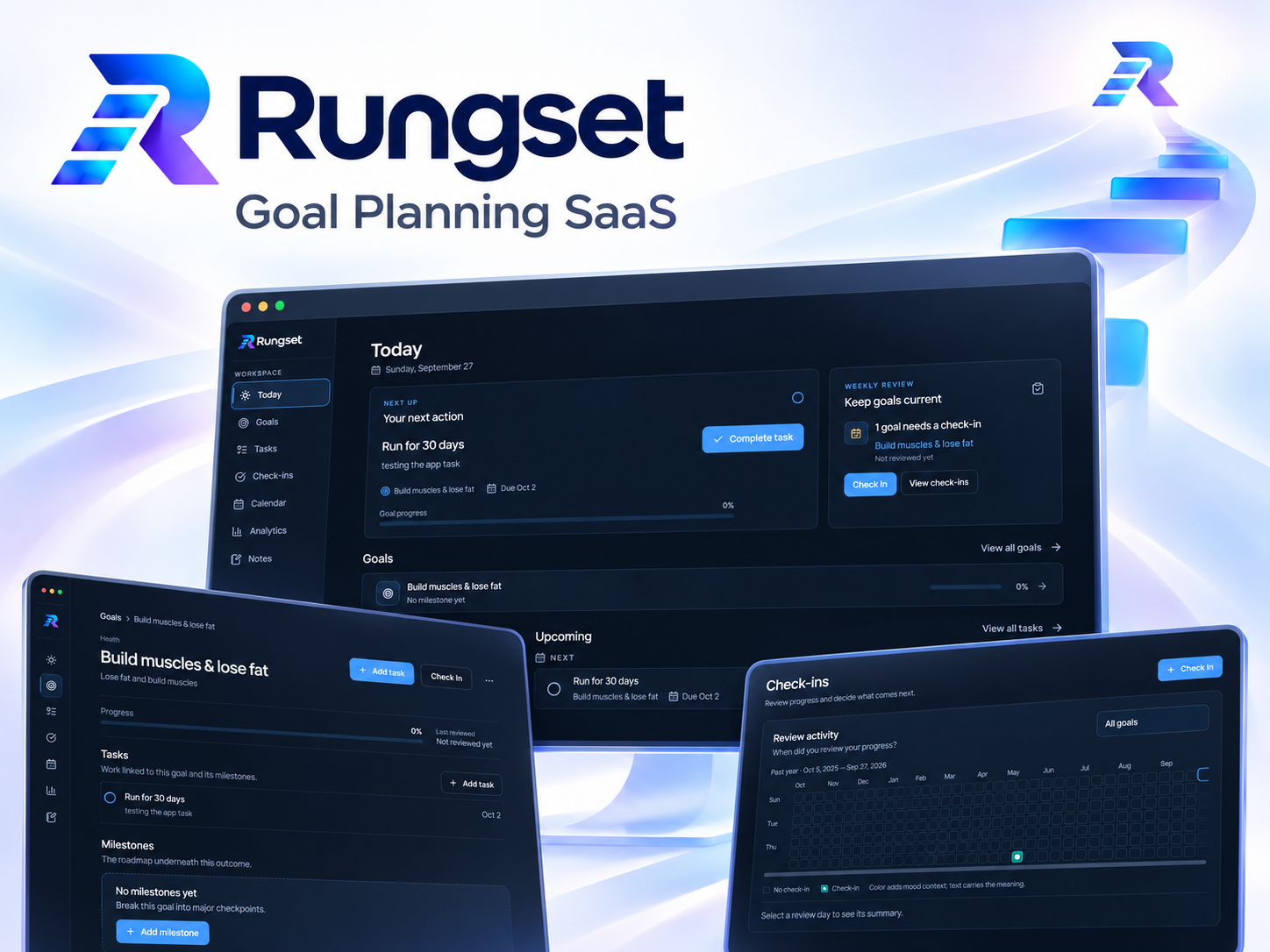 Rungset goal-planning dashboard showing goals, tasks, and check-ins