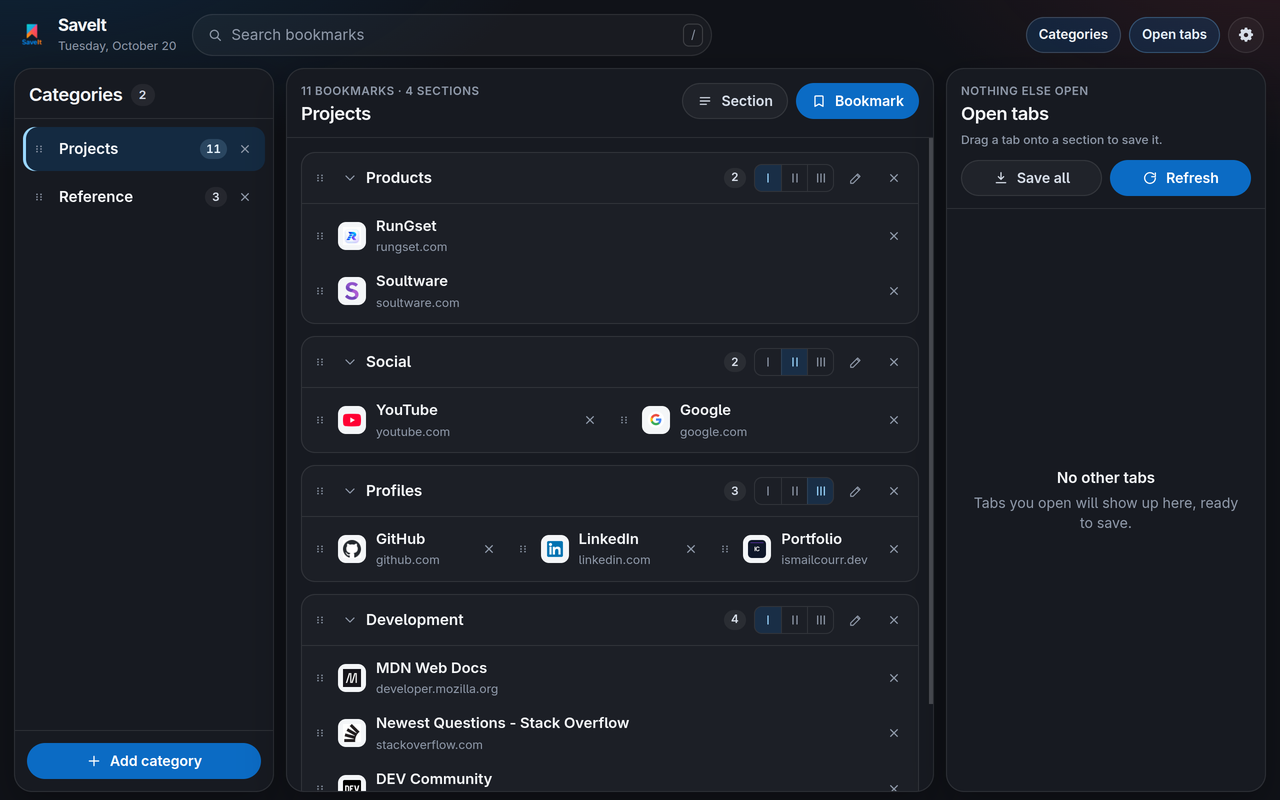SaveIt bookmark workspace showing categories, sections, saved links, search, and open tabs